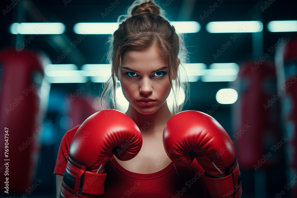 Portrait of a young female boxer looking at the camera with a serious and determined facial expression. Generative Ai