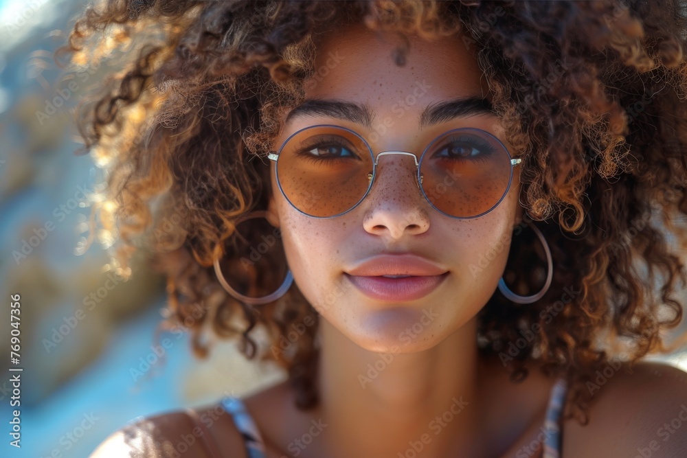 Close-up of a young woman with curly hair, see-through glasses, and hoop earrings, warm tones