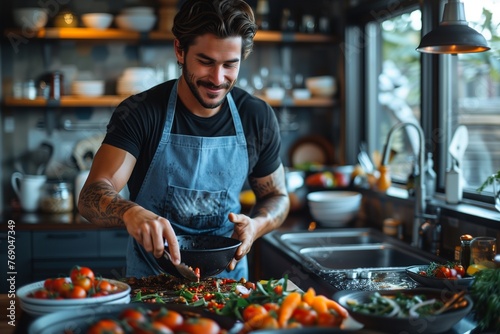 Man in blue apron cooks in your kitchen, demonstrating culinary expertise and passion for food.