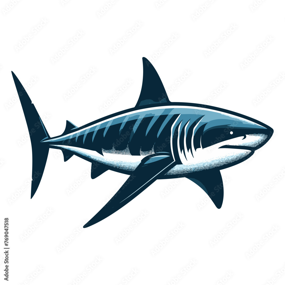 Fototapeta premium Wild great white shark design illustration, marine predator animal element illustration, swimming angry toothy shark vector template isolated on white background