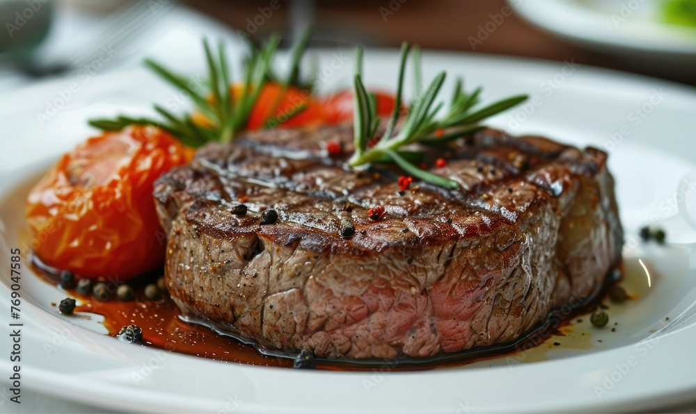 Grilled steak on a plate with garnish - Juicy medium-rare grilled steak served with tomatoes and rosemary on a white plate Grilled steak on a plate with garnish - Juicy medium-rare grilled steak served with tomatoes and rosemary on a white plate