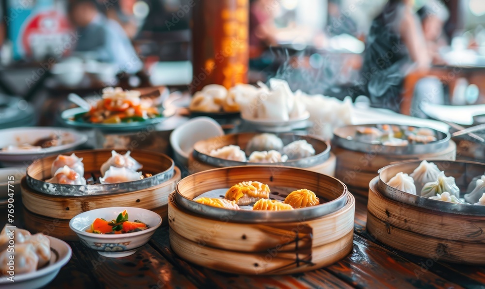 Array of dim sum in bamboo baskets on table - An arrangement of assorted dim sum in bamboo baskets on a table showcasing a scrumptious selection in a Chinese eatery Array of dim sum in bamboo baskets on table - An arrangement of assorted dim sum in bamboo baskets on a table showcasing a scrumptious selection in a Chinese eatery