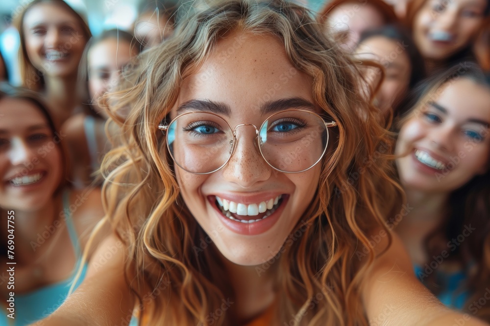 Joyful young woman taking a group selfie with friends, smiling brightly at the camera Joyful young woman taking a group selfie with friends, smiling brightly at the camera