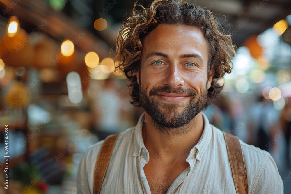 Fototapeta premium A handsome man with curly hair smiles at the camera, conveying charisma and warmth in an urban market