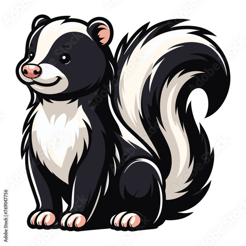 Skunk full body vector illustration  fauna animal concept  wild mammal skunk with a large fluffy tail and black white stripe along the body. Design template isolated on white background