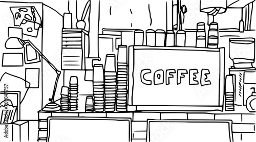 black and white hand drawn sketch of a barista work desk with a coffee machine in a coffee shop