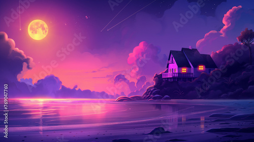 House on the beach, purple sky with yellow moon, digital art style, dark pink and light crimson colors, AI generated photo