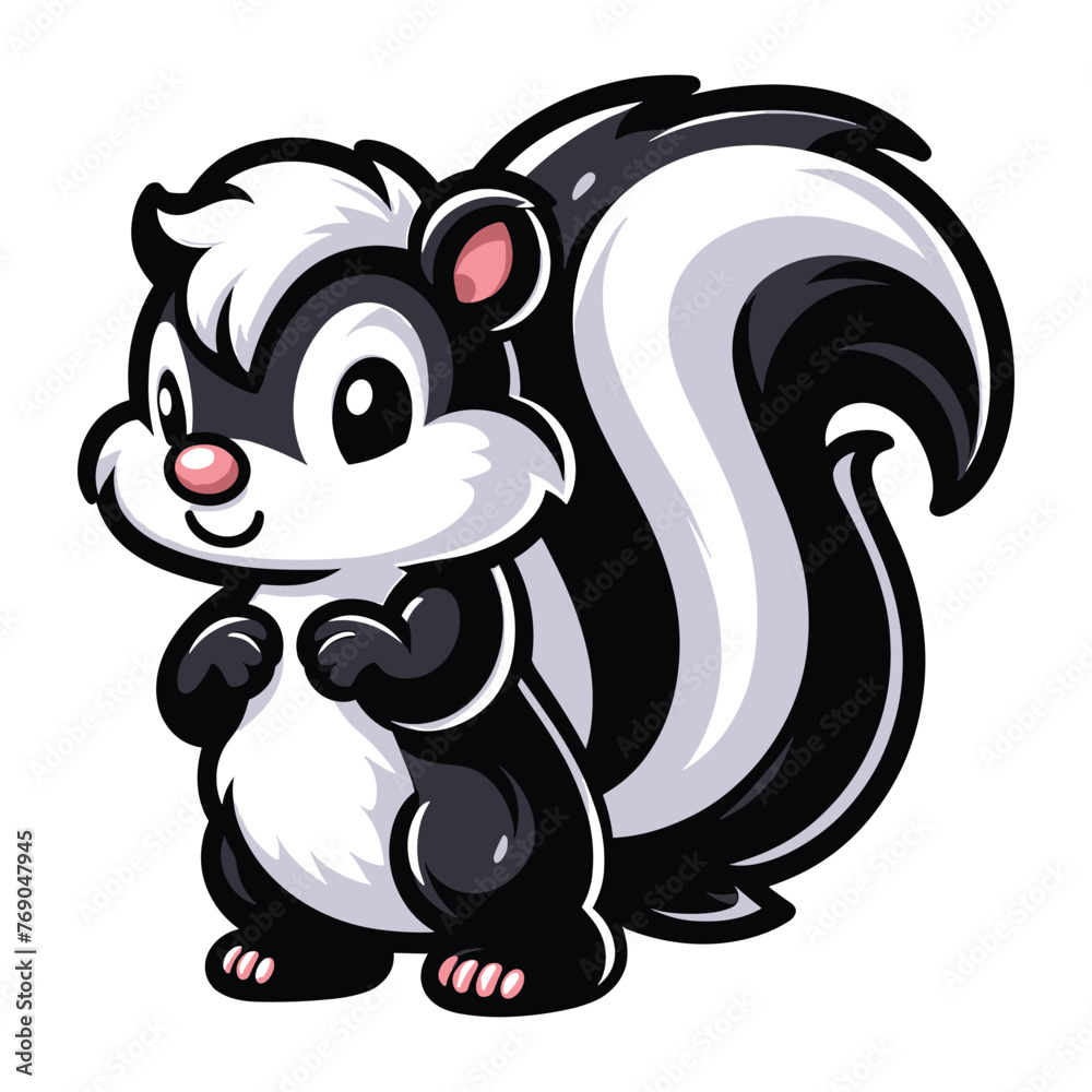 Cute skunk mascot cartoon character design illustration, skunk with a large fluffy tail and black white stripe along the body. Vector template isolated on white background