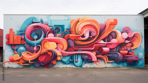 Graffiti-inspired lettering leaps from the walls in a street art mural  accompanied by swirling abstract shapes that add depth and dimension to the urban landscape.