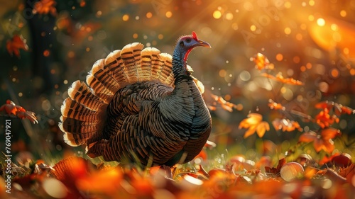 Wild turkey in autumnal forest scenery - Majestic wild turkey with full plumage standing amidst the golden hues of the autumn forest photo