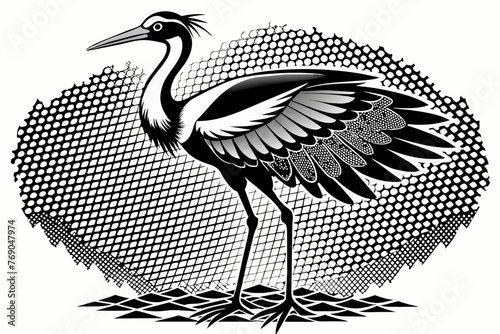 bird type stork in Japanese style, black on a white mesh background