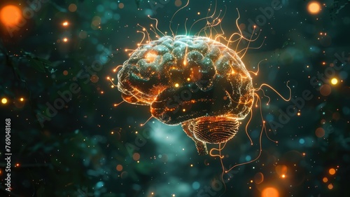 Illuminated human brain in the cosmic space - A conceptual digital art piece featuring a human brain glowing with intricate connections in the cosmos