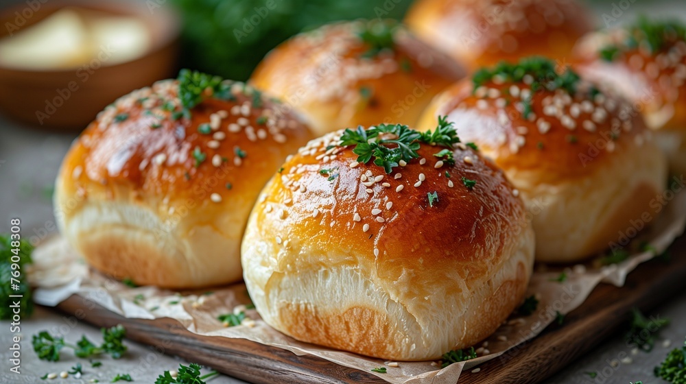 Freshly buttered buns, adorned with sliced bread and vibrant parsley, offering a delightful culinary experience Freshly buttered buns, adorned with sliced bread and vibrant parsley, offering a delightful culinary experience