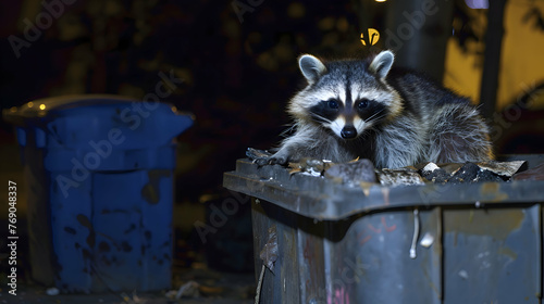 Raccoon raiding a garbage bin under the cover of night