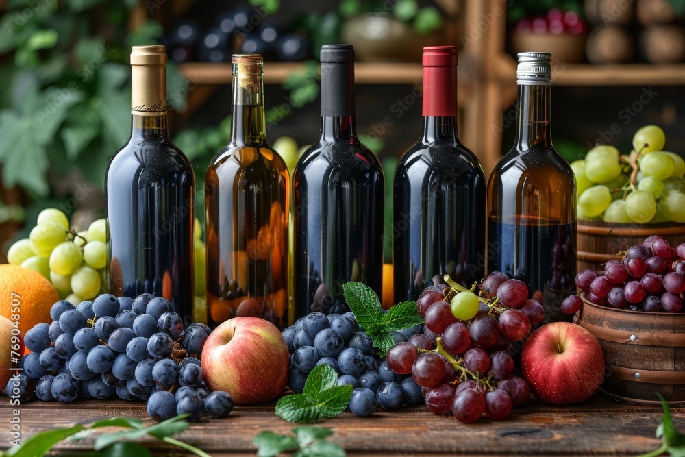 Obraz premium Elegant still life of multiple wine bottles paired with an assortment of fresh fruits and berries