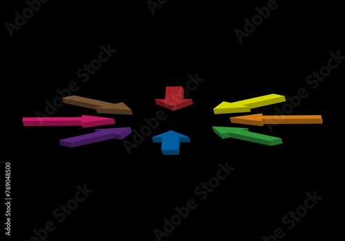 8 Flechas de colores apuntando hacia el centro en perspectiva frontal sobre fondo negro