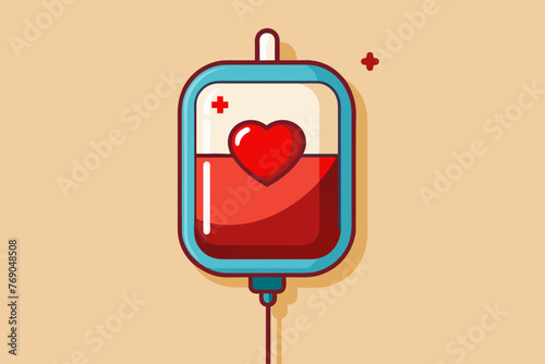 Blood bag with a red heart symbol, indicating love and the importance of blood donation. World blood donor day - June 14. Space for text.