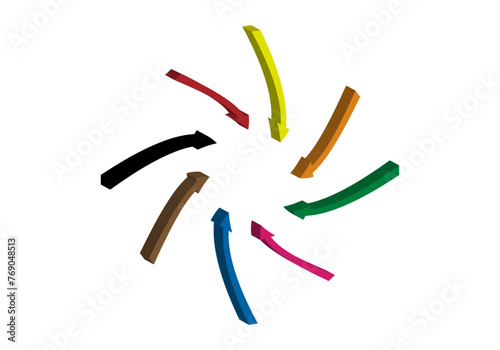 8 flechas de colores en 3D formando una espiral y un círculo