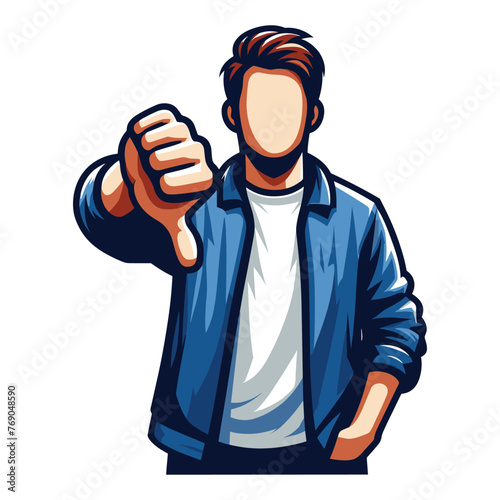 Man showing thumbs down vector illustration, unhappy male gesturing disapproval sign, dislike, disagreement, negative expression. design template isolated on white background