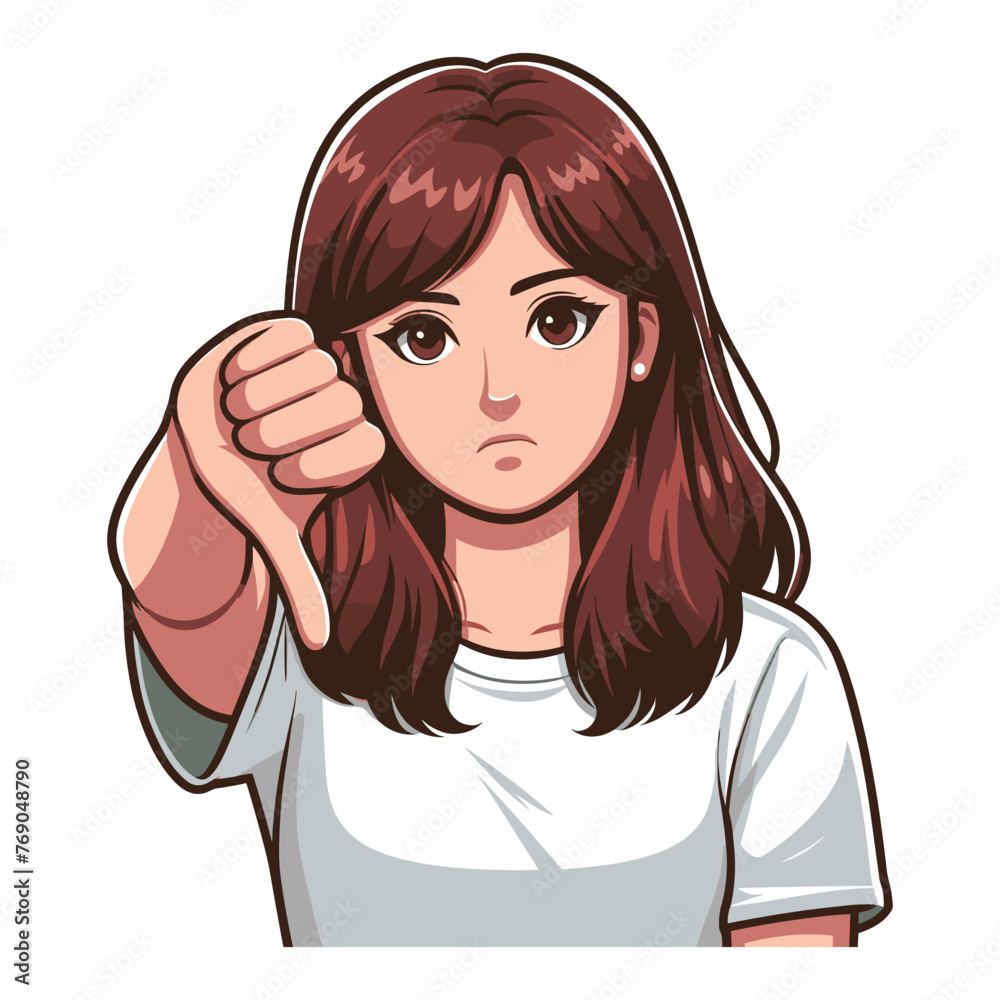 Woman showing thumbs down design illustration, unhappy girl gesturing dislike, disapproval sign, negative expression, disagreement. vector template isolated on white background Woman showing thumbs down design illustration, unhappy girl gesturing dislike, disapproval sign, negative expression, disagreement. vector template isolated on white background