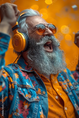 Joyful chubby man with headphones dancing energetically, radiating happiness in a quirky, eccentric portrait
