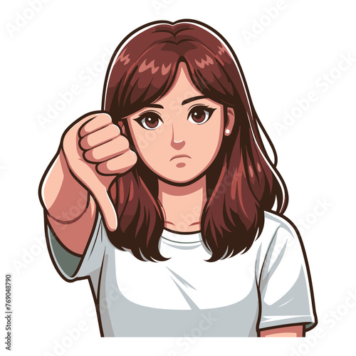Woman showing thumbs down design illustration, unhappy girl gesturing dislike, disapproval sign, negative expression, disagreement. vector template isolated on white background