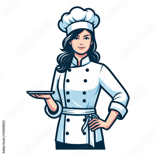 Beautiful woman chef mascot logo design illustration, restaurant business concept, female character with hat and chef uniform, vector template isolated on white background