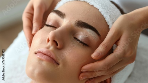 Young woman enjoying soothing spa facial massage for radiant beauty treatment at salon