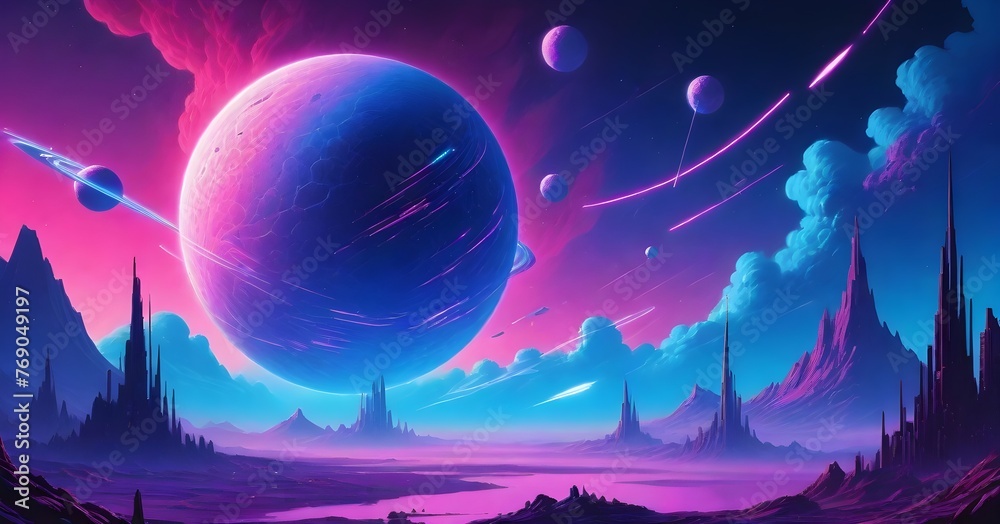 Fototapeta premium Alien landscape with towering rock formations under a purple sky with large planets 