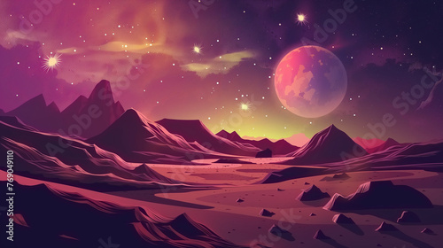 Colorful background with bright flat lunar rocky and sandy landscape against nebula and sunlight, AI generated © Yavor