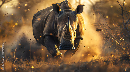 Rhinoceros charging through the dense African bush © Muhammad