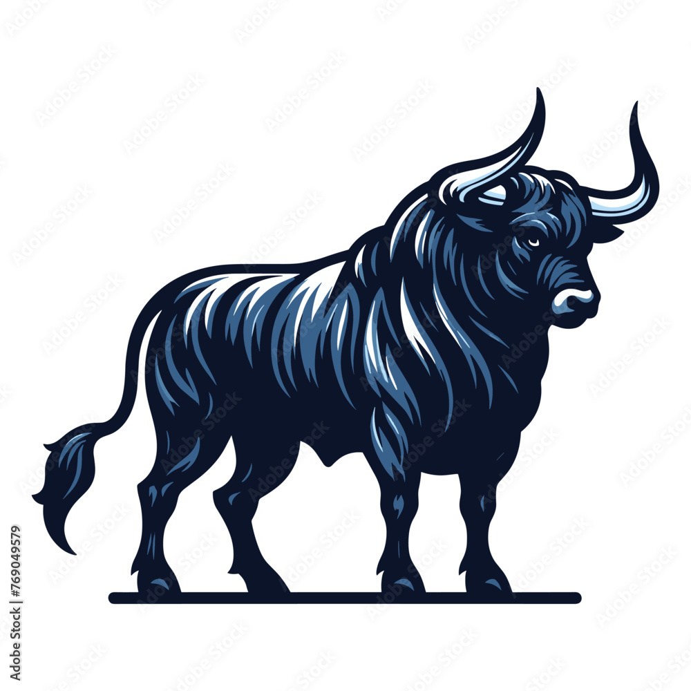 Strong bull full body design mascot illustration, farm animal or butcher shop graphic template, angry horned bull concept, vector isolated on white background