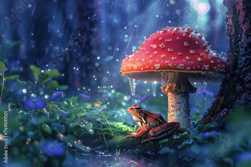 Frog sheltering under a mushroom in the rain