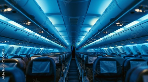 Inside of an Airplane Illuminated With Blue Lights