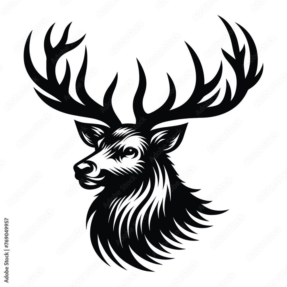 Deer head face design illustration, reindeer head with antlers logo mascot illustration, wild mammal animal concept. Vector template isolated on white background