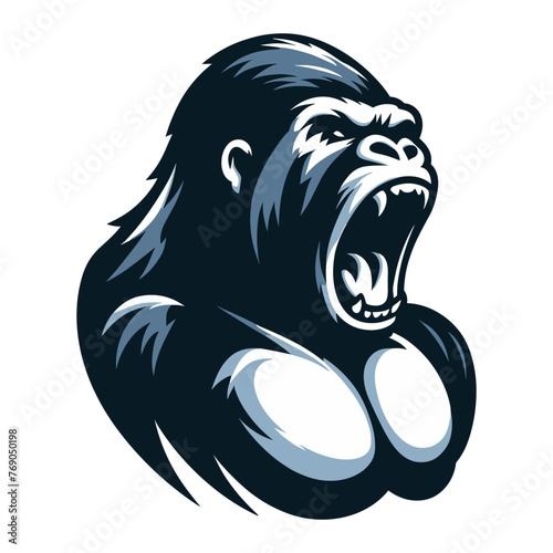 Wild angry gorilla head face vector illustration, primate animal zoology element illustration, roaring strong big ape logo mascot, design template isolated on white background photo