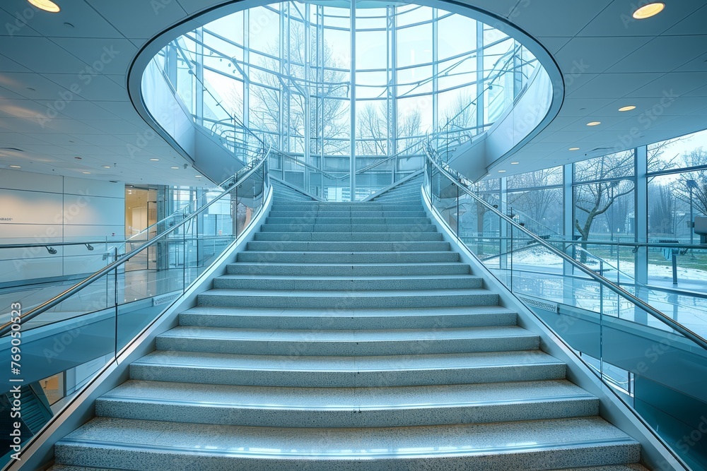 Fototapeta premium An empty, modern spiral staircase in a glass building, showcasing architectural elegance and clean lines