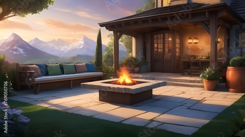 illustration vignette of a cozy outdoor space with elements such as a fire pit, pergola, and garden bed against the backdrop of a snowy mountain view and romantic sky colors. ai generated