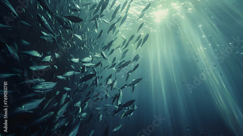 Shoal of shimmering sardines dancing in shimmering underwater light photo