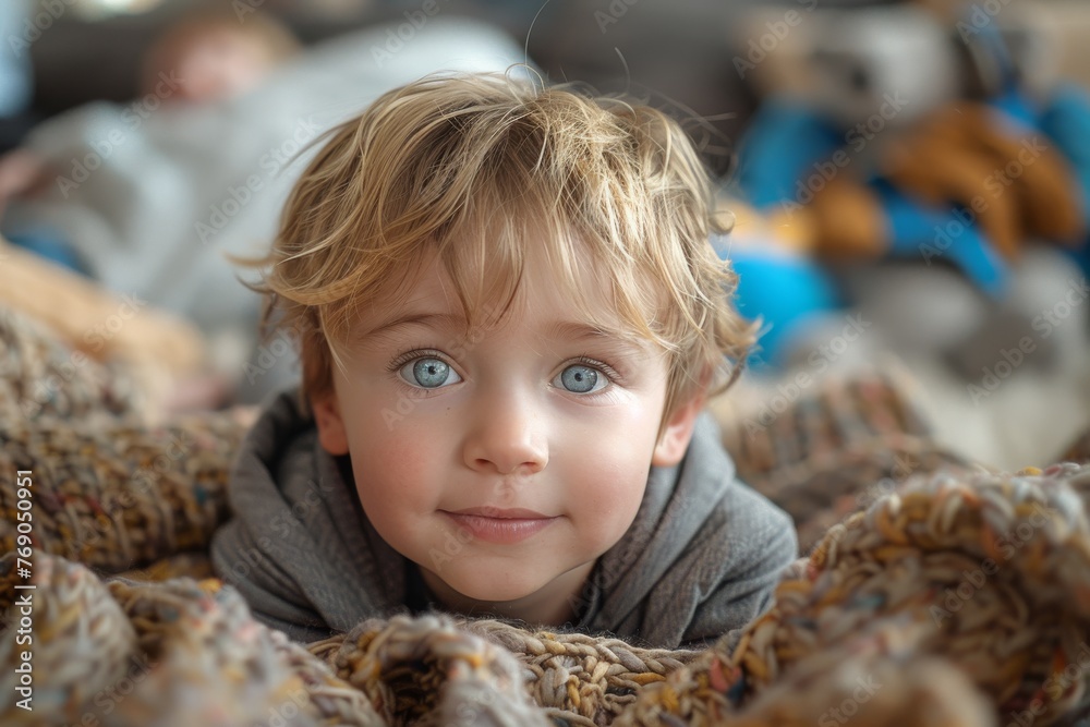 A young child with blue eyes wrapped snugly in a knitted blanket, exuding warmth and comfort A young child with blue eyes wrapped snugly in a knitted blanket, exuding warmth and comfort