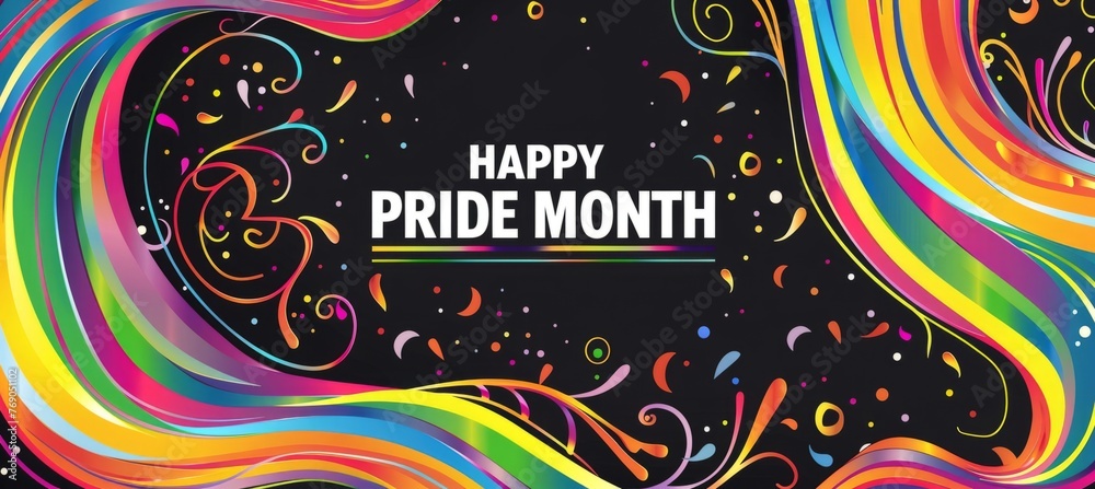 Pride Day themed graphic with rainbow swirls and the text 