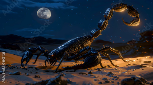 Sinister scorpion poised menacingly amidst desert sands under the moonlight photo