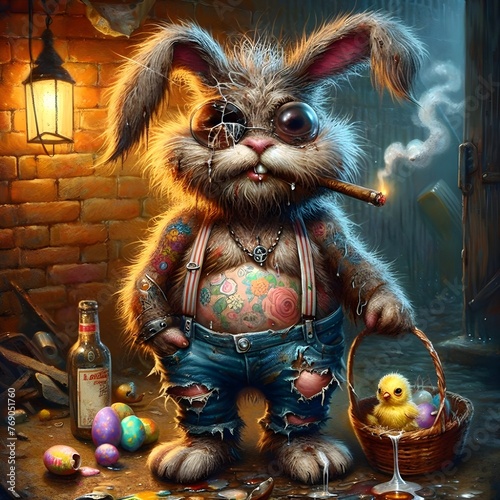 Happy Easter, Bad Easter, bunny had shaggy, dirty fur, his eyes were big and red and he was smoking with an Easter basket he was carrying and cracked eggs with some baby chicks in dirty alley at night