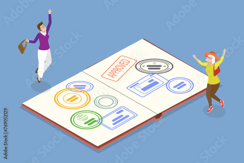 3D Isometric Flat Vector Illustration of Passport Control, Immigration Office Stamps