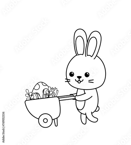 Coloring page with big Easter egg in wheelbarrow and bunny. Black and white barrow, rabbit. Vector.