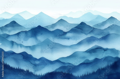 Watercolor blue gradient mountain range, isolated on white background