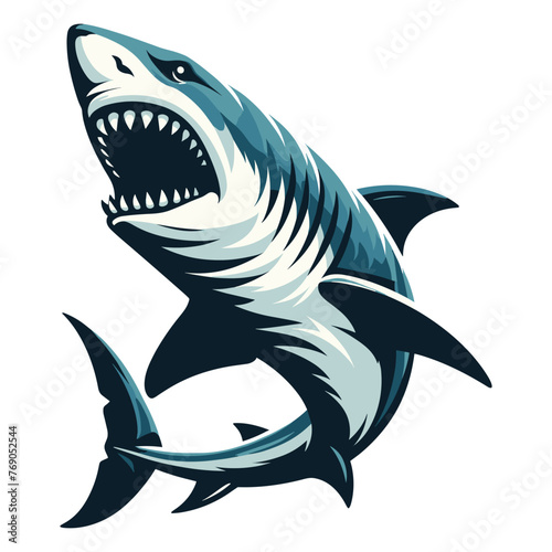 Angry wild great white shark vector illustration, marine predator animal element illustration, swimming toothy shark design template isolated on white background