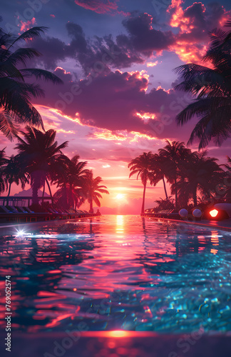 The afterglow paints the sky with shades of azure and purple as the sun sets over the swimming pool, with palm trees silhouetted in the background © Oleksandra