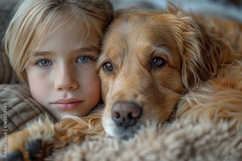 A soft-focus image of a young boy and Golden Retriever sharing a serene moment together A soft-focus image of a young boy and Golden Retriever sharing a serene moment together