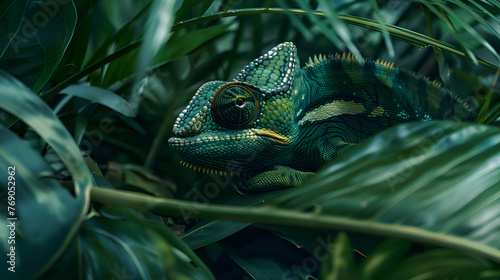 Stealthy chameleon blending seamlessly into lush rainforest foliage